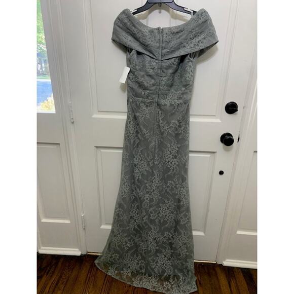 La Femme Dress Size 6 Lace Gown Formal Off The Shoulder Platinum 27982 NWT - Picture 4 of 9